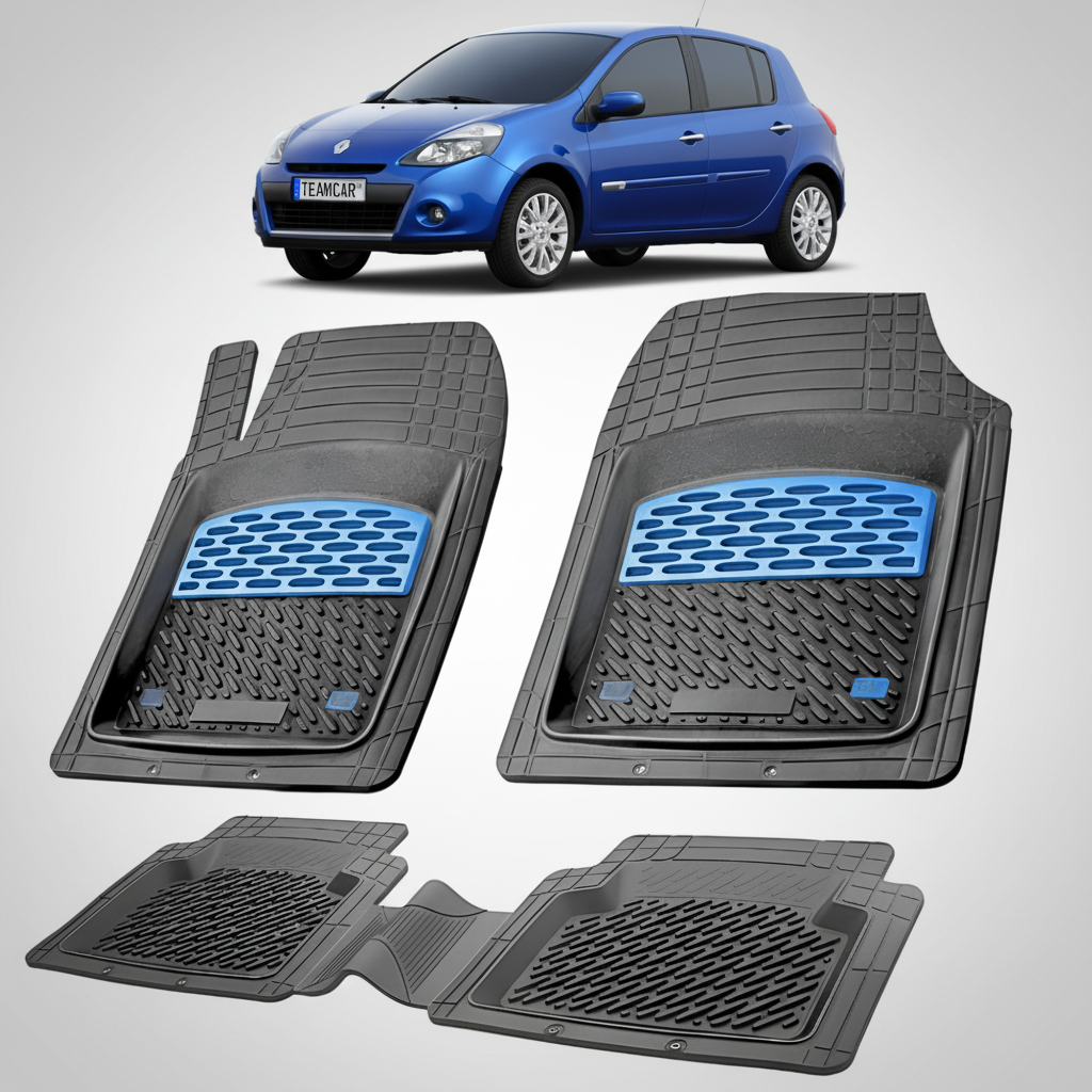 set de covorase din cauciuc negre cu accente albastre cu o renault clio iii hatchback albastra in fundal