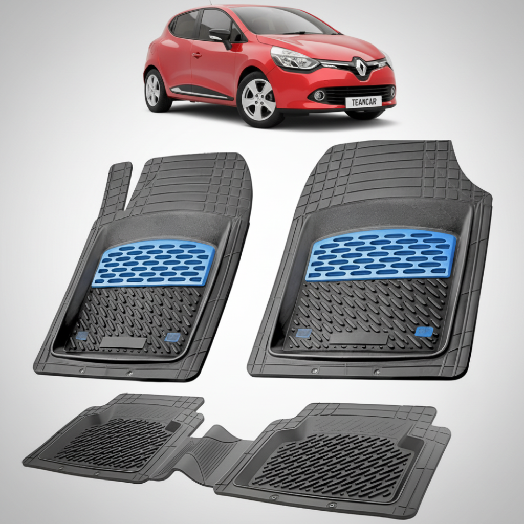 set de covorase din cauciuc negre cu accente albastre cu o renault clio iv hatchback rosu in fundal