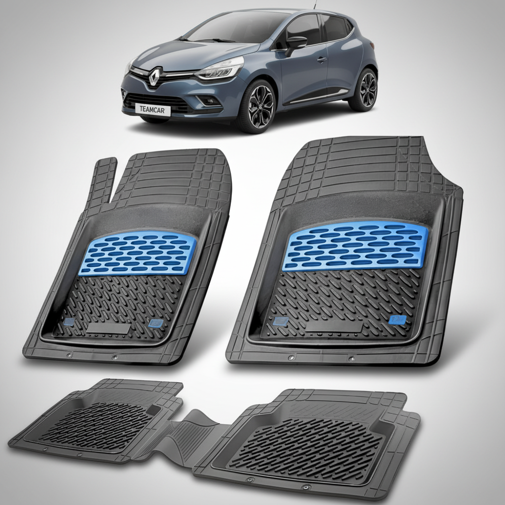 set de covorase din cauciuc negre cu accente albastre cu o renault clio iv hatchback albastra in fundal