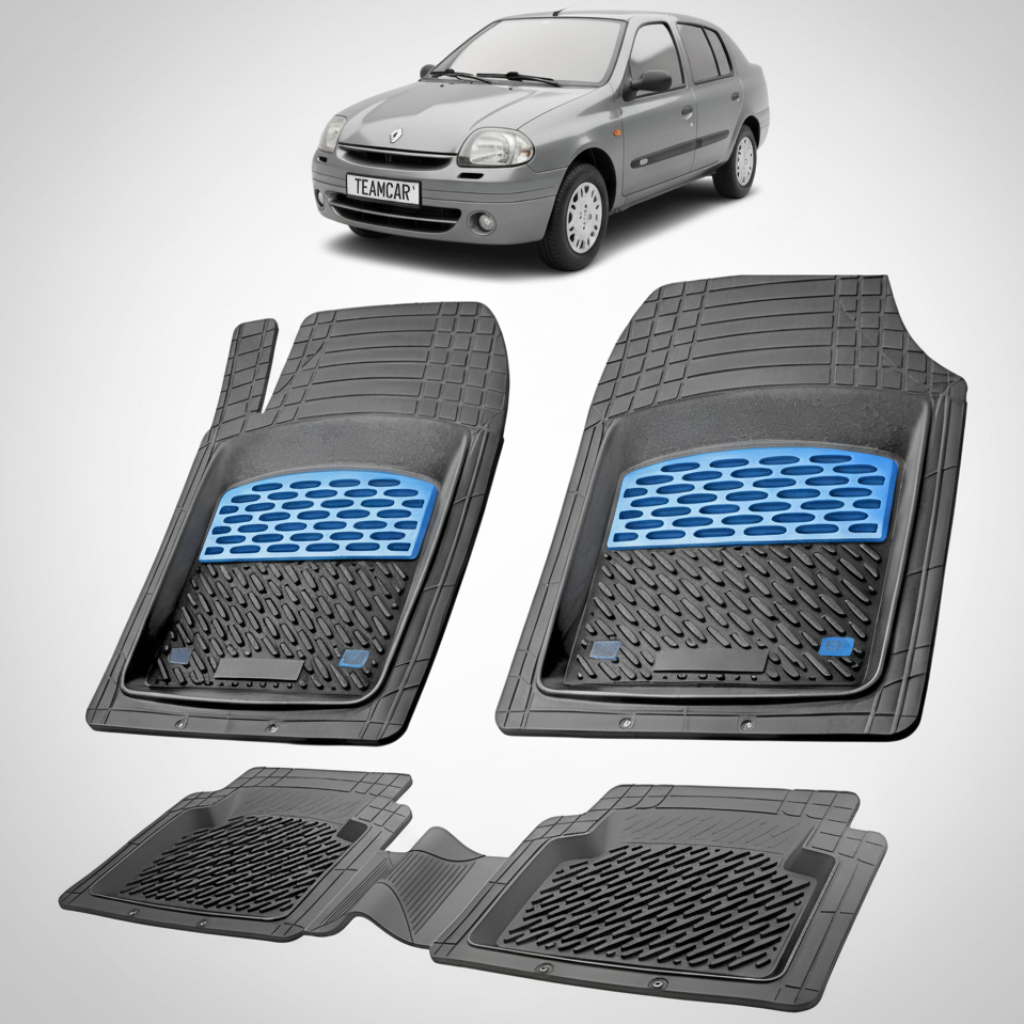 set de covorase din cauciuc negre cu accente albastre cu o renault clio symbol sedan gri in fundal