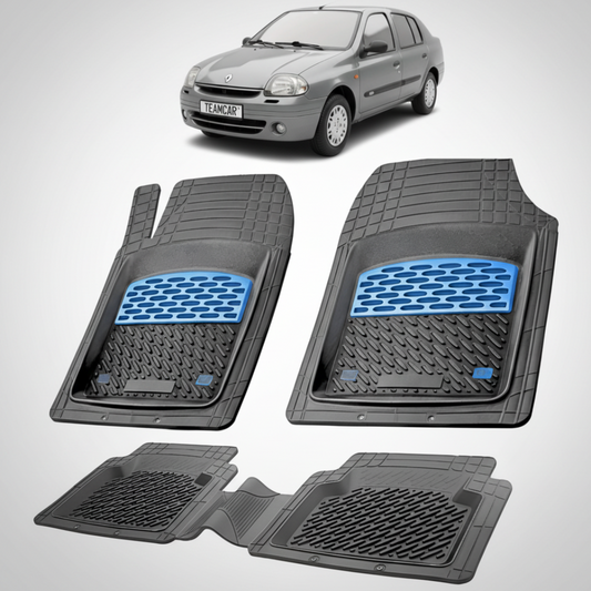 set de covorase din cauciuc negre cu accente albastre cu o renault clio symbol sedan gri in fundal