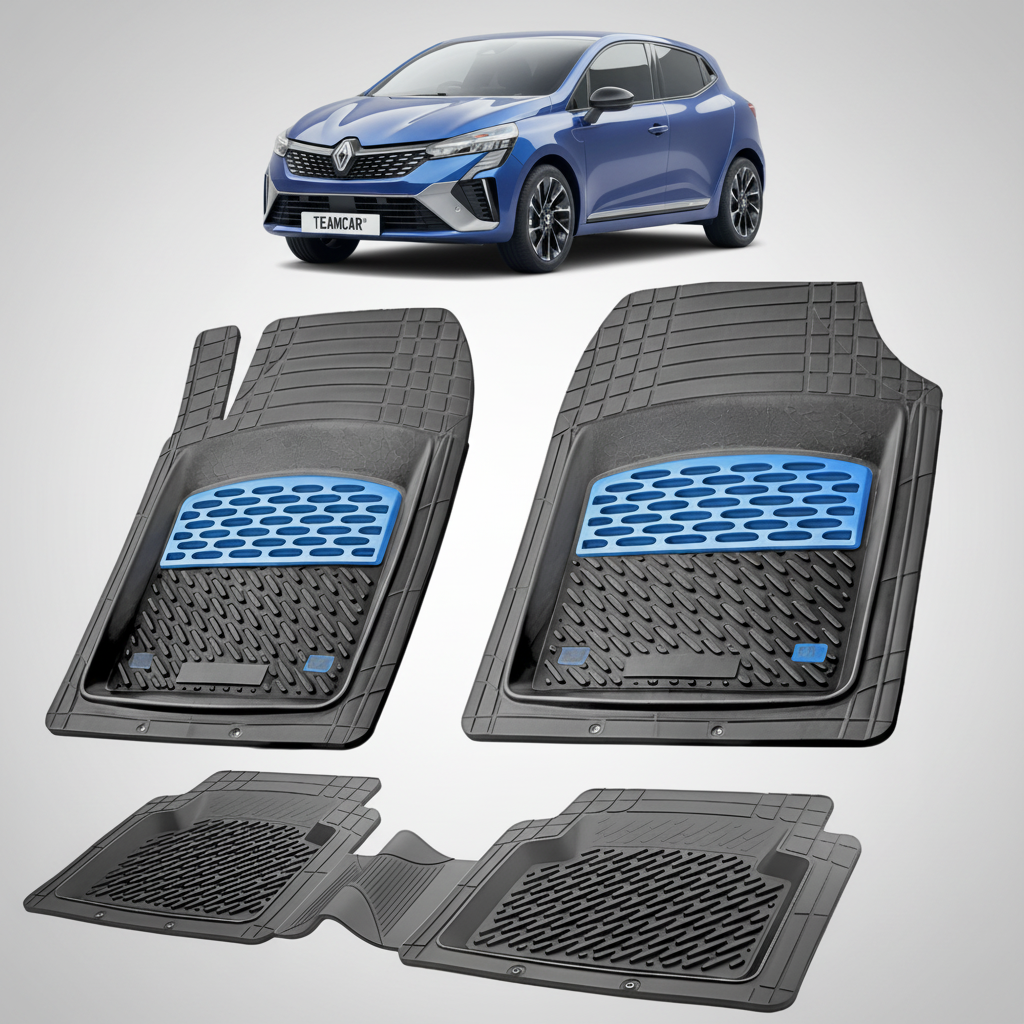 set de covorase din cauciuc negre cu accente albastre cu o renault clio v hatchback albastru in fundal