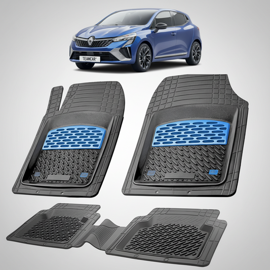 set de covorase din cauciuc negre cu accente albastre cu o renault clio v hatchback albastru in fundal