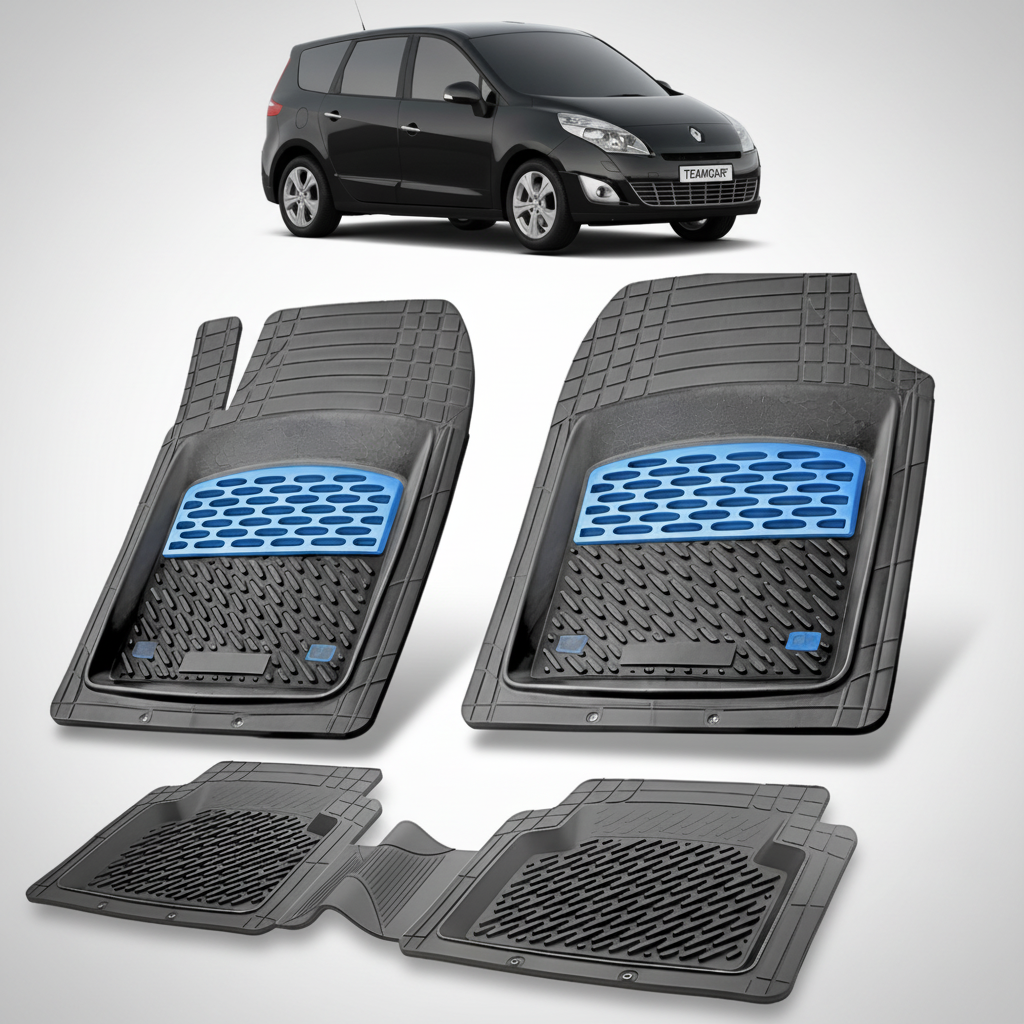 set de covorase din cauciuc negre cu accente albastre cu un renault scenic iii mpv(long) mpv negru in fundal