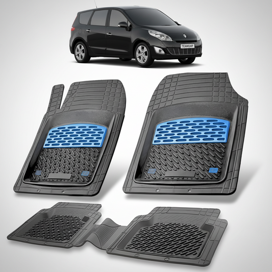 set de covorase din cauciuc negre cu accente albastre cu un renault scenic iii mpv(long) mpv negru in fundal