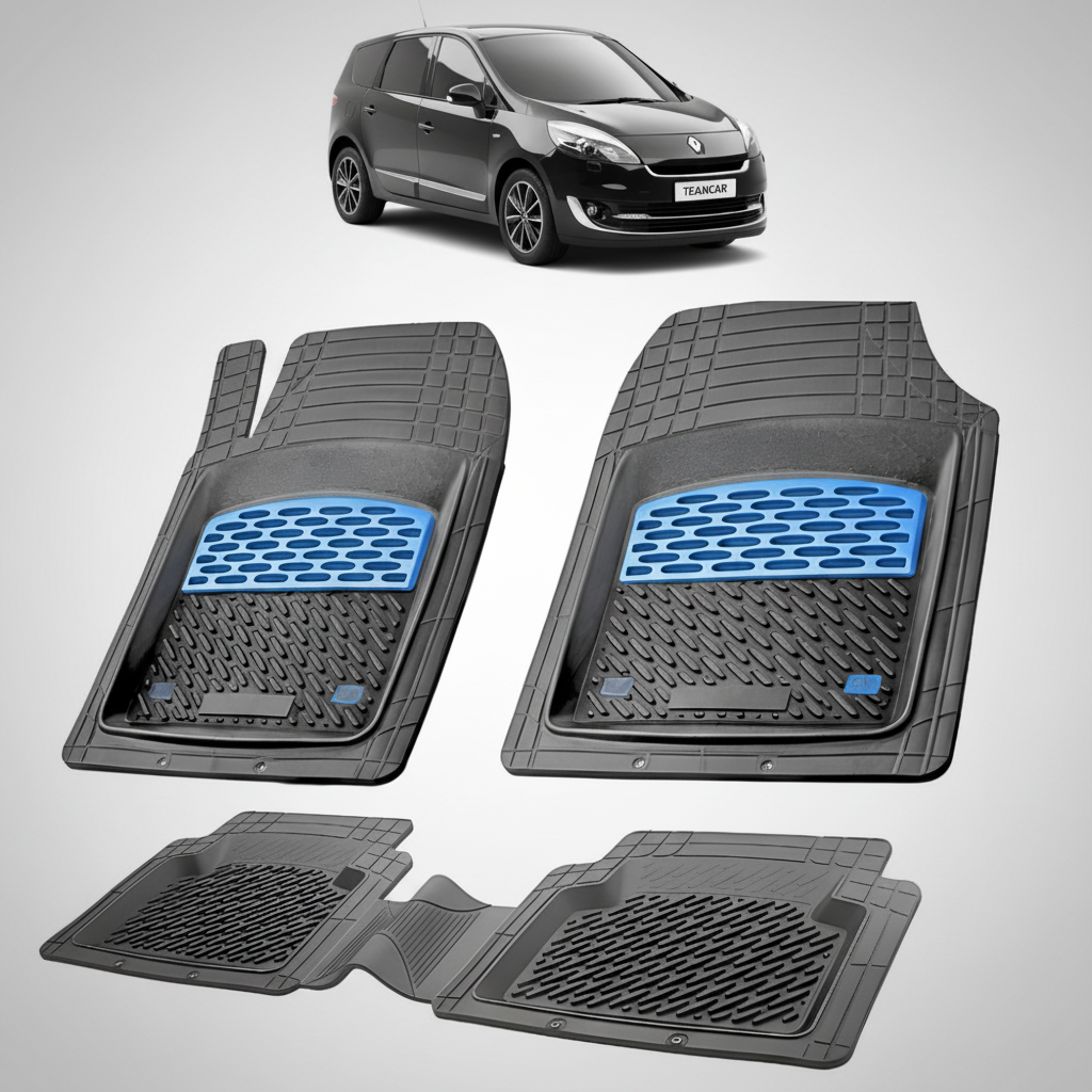 set de covorase din cauciuc negre cu accente albastre cu un renault grand scenic iii mpv(long) negru in fundal