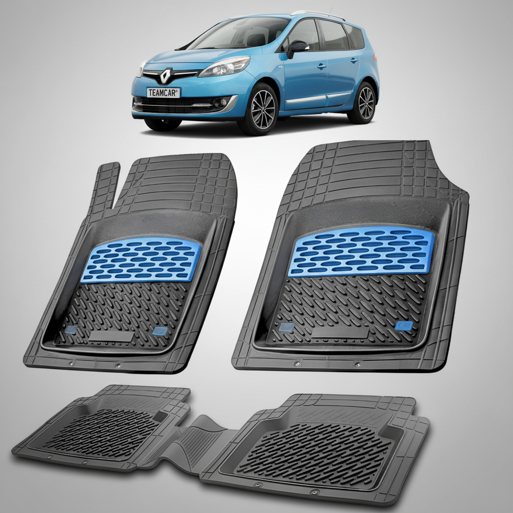 set de covorase din cauciuc negre cu accente albastre cu un renault grand scenic iii albastru in fundal