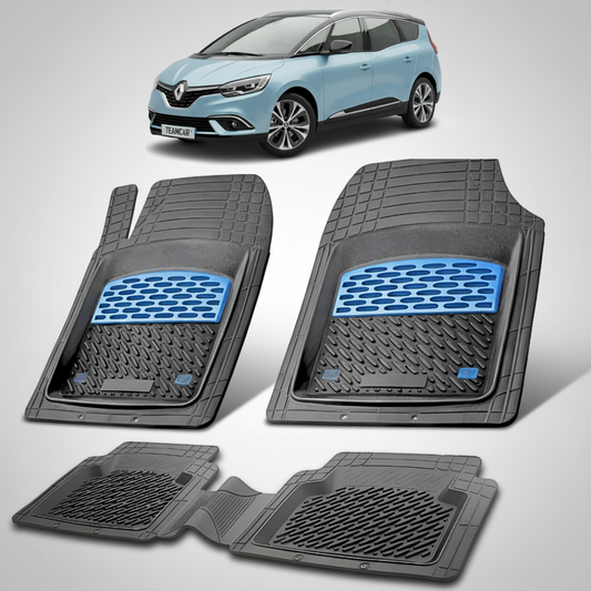 set de covorase din cauciuc negre cu accente albastre cu un renault grand scenic 4 albastru in fundal
