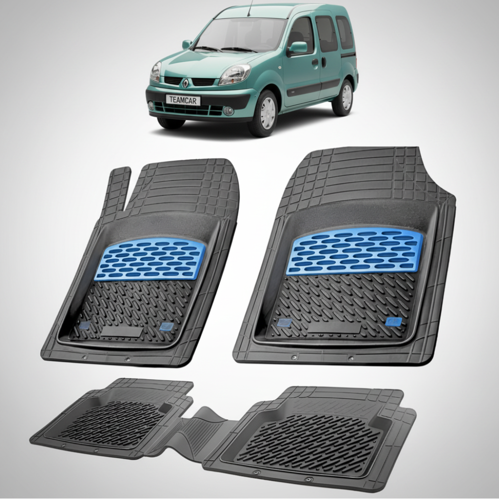 set de covorase din cauciuc negre cu accente albastre cu un renault kangoo i phase 2 verde in fundal