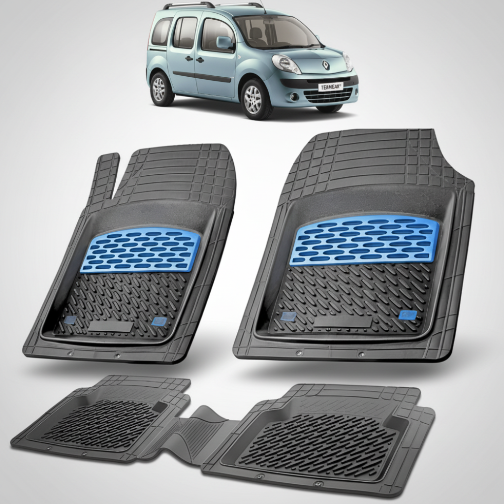 set de covorase din cauciuc negre cu accente albastre cu un renault kangoo ii phase 1 albastru deschis in fundal