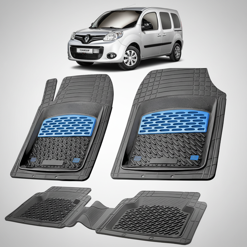 set de covorase din cauciuc negre cu accente albastre cu un renault kangoo ii phase 2 gri in fundal