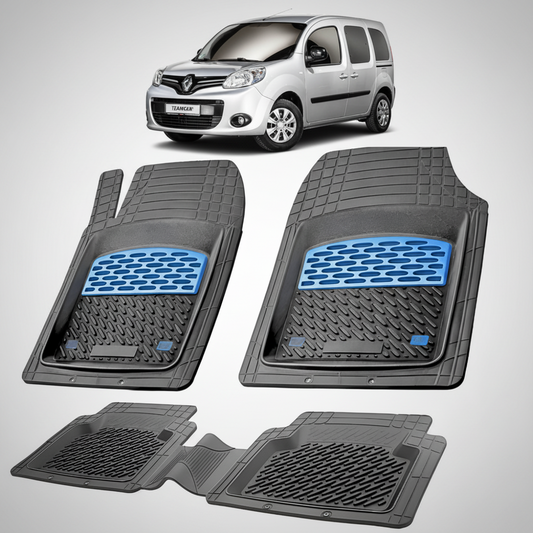 set de covorase din cauciuc negre cu accente albastre cu un renault kangoo ii phase 2 gri in fundal