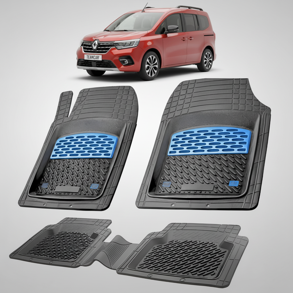 set de covorase din cauciuc negre cu accente albastre cu un renault kangoo iii rosu in fundal