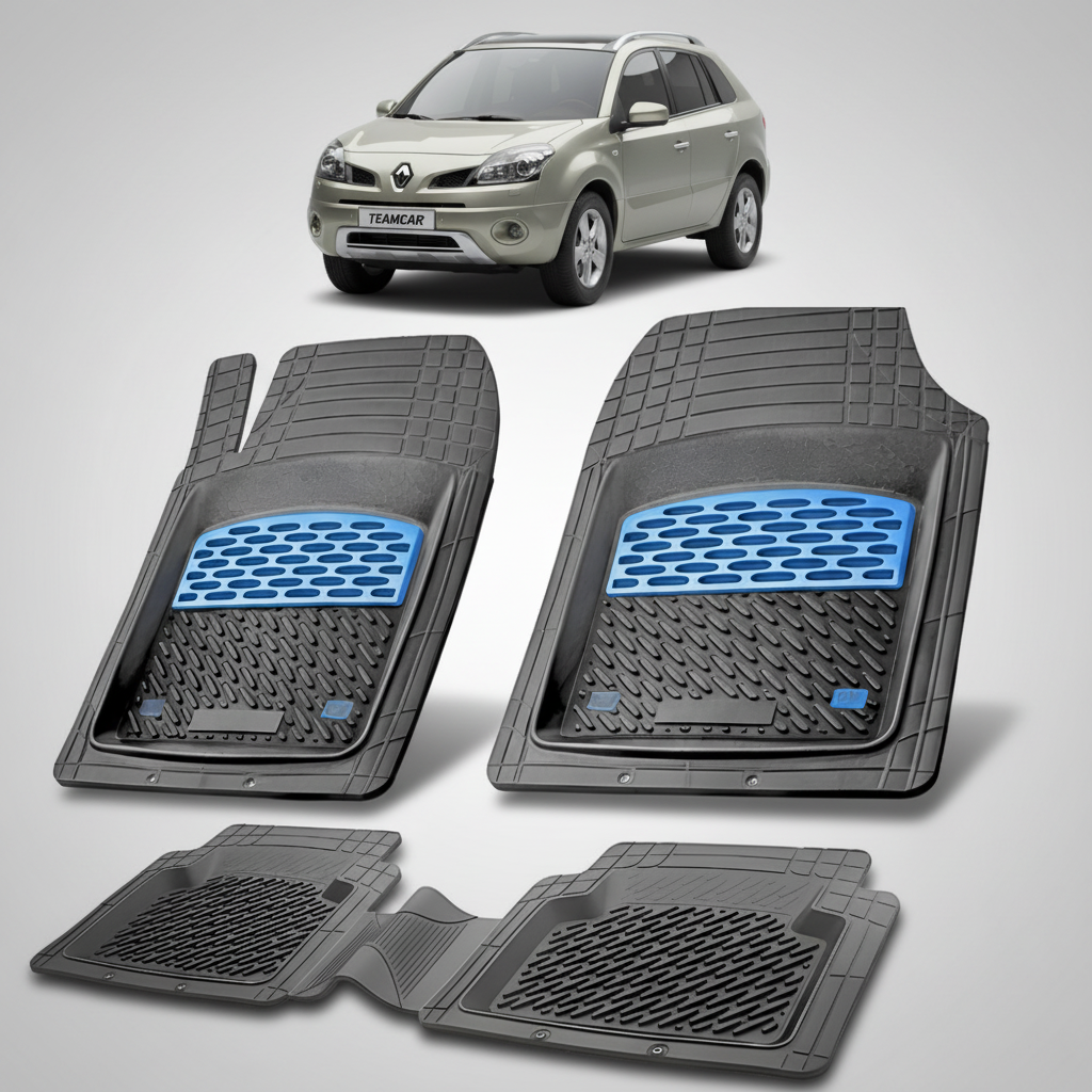set de covorase din cauciuc negre cu accente albastre cu un renault koleos i suv bej-verzui in fundal