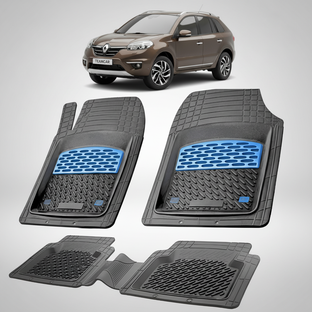 set de covorase din cauciuc negre cu accente albastre cu un renault koleos phase 3 maro in fundal