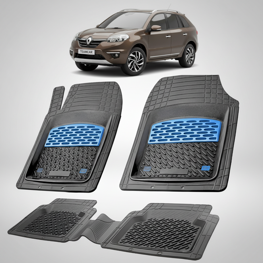 set de covorase din cauciuc negre cu accente albastre cu un renault koleos phase 3 maro in fundal