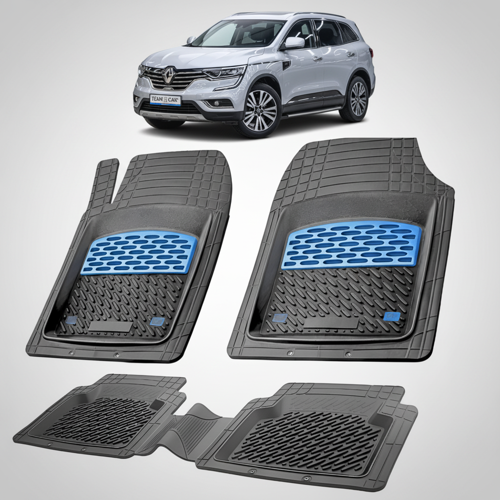 set de covorase din cauciuc negre cu accente albastre cu un renault koleos ii gri in fundal
