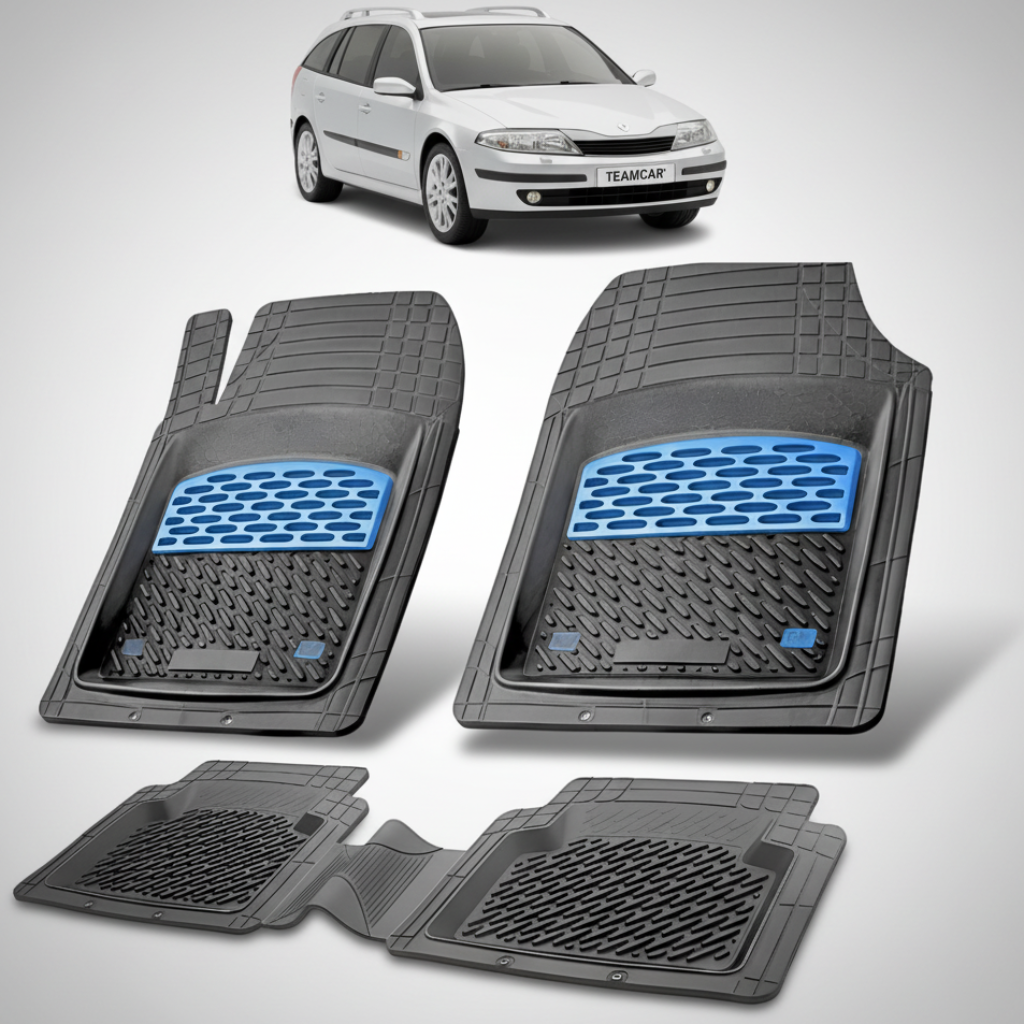 set de covorase din cauciuc negre cu accente albastre cu un renault laguna ii estate gri in fundal