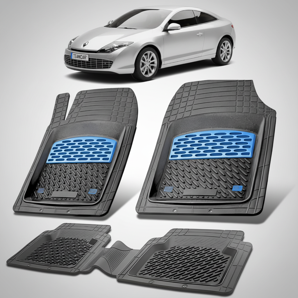 set de covorase din cauciuc negre cu accente albastre cu un renault laguna iii coupe argintiu in fundal