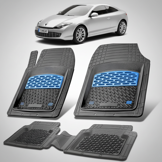 set de covorase din cauciuc negre cu accente albastre cu un renault laguna iii coupe argintiu in fundal