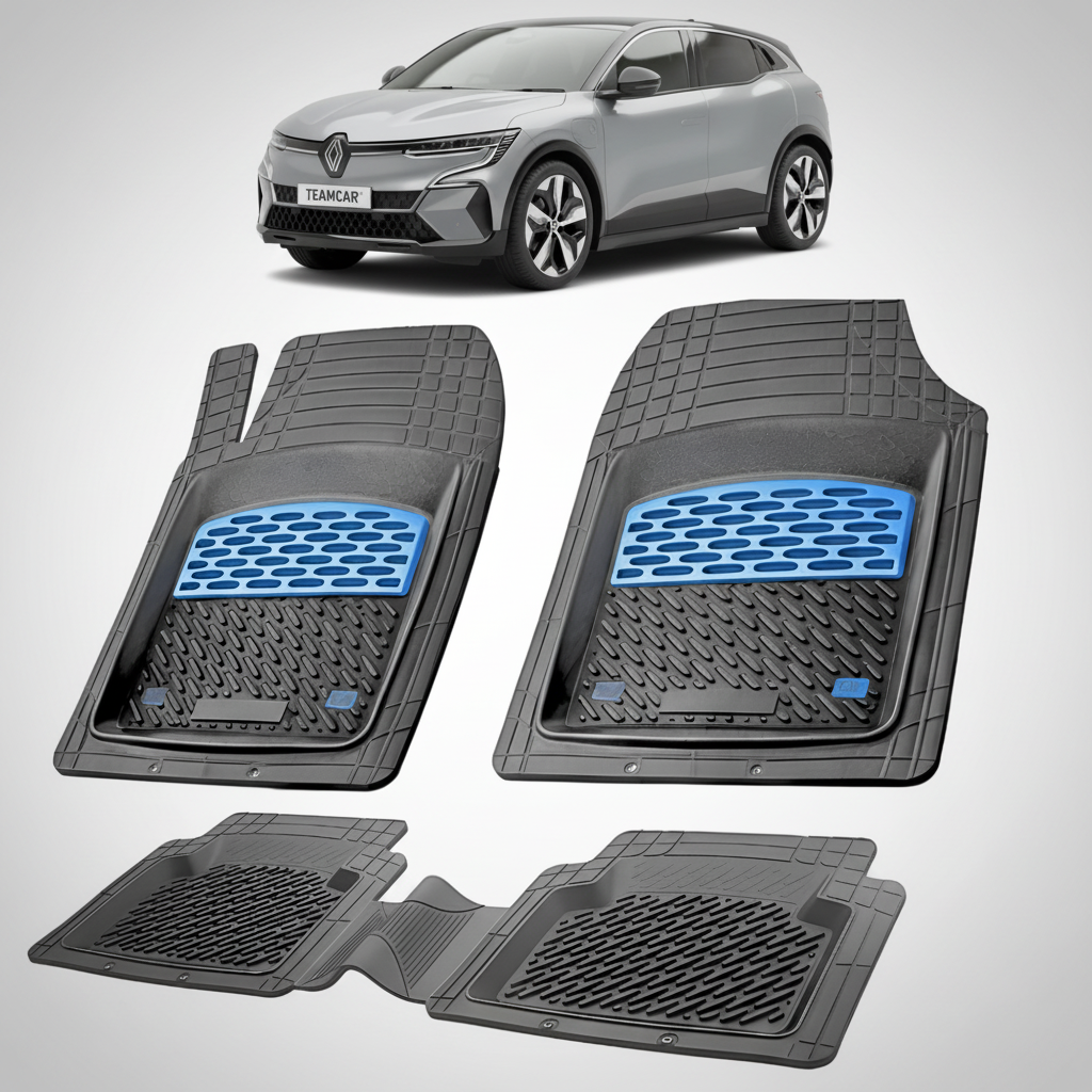 set de covorase din cauciuc negre cu accente albastre cu un renault megane e-tech crossover (electric) gri in fundal