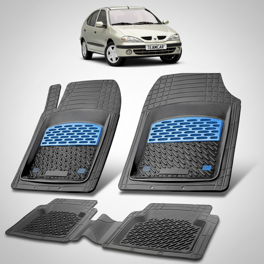 set de covorase din cauciuc negre cu accente albastre cu o renault megane i hatchback bej in fundal