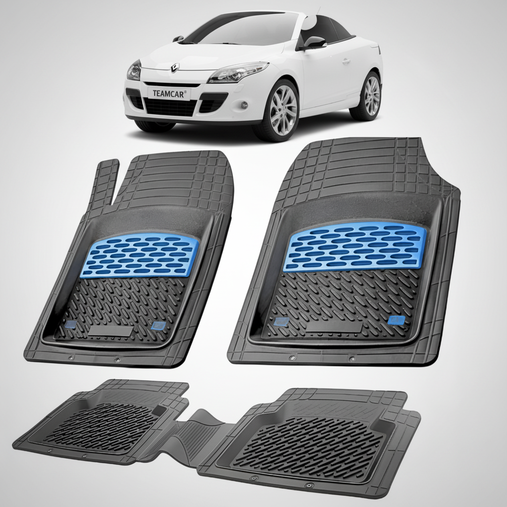 set de covorase din cauciuc negre cu accente albastre cu o renault megane iii coupe-cabriolet alba in fundal