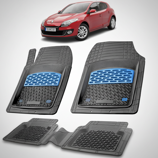 set de covorase din cauciuc negre cu accente albastre cu o renault megane iii hatchback rosu in fundal