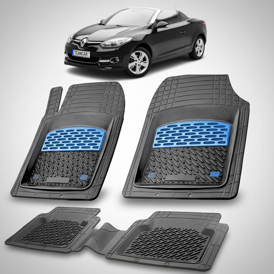 set de covorase din cauciuc negre cu accente albastre cu o renault megane iii coupe-cabriolet neagra in fundal