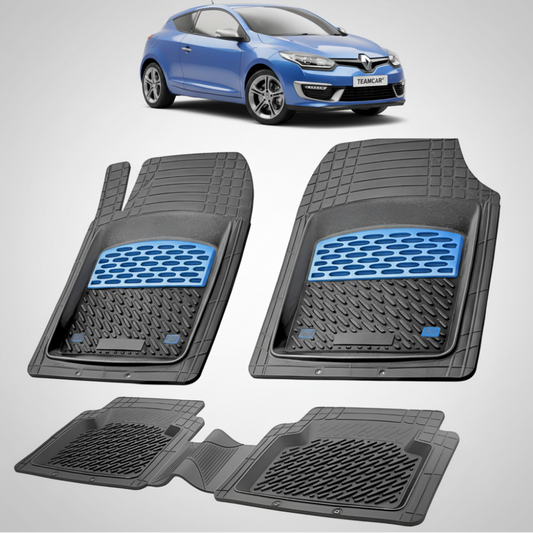 set de covorase din cauciuc negre cu accente albastre cu o renault megane iii coupe albastra  in fundal