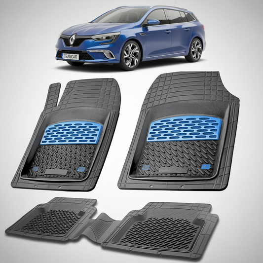 set de covorase din cauciuc negre cu accente albastre cu un renault megane iv estate albastru in fundal