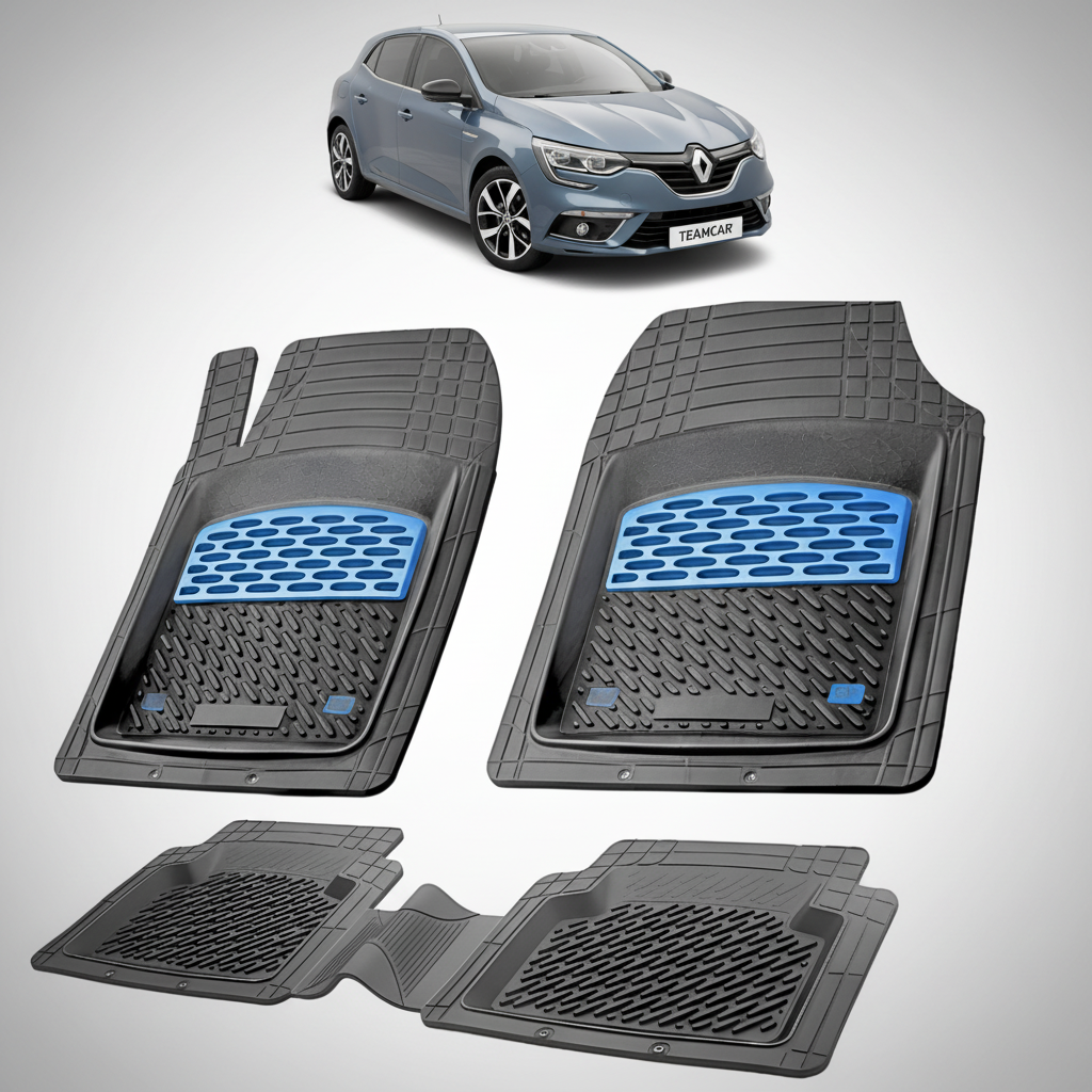 set de covorase din cauciuc negre cu accente albastre cu un renault megane iv hatchback gri-albastrui in fundal