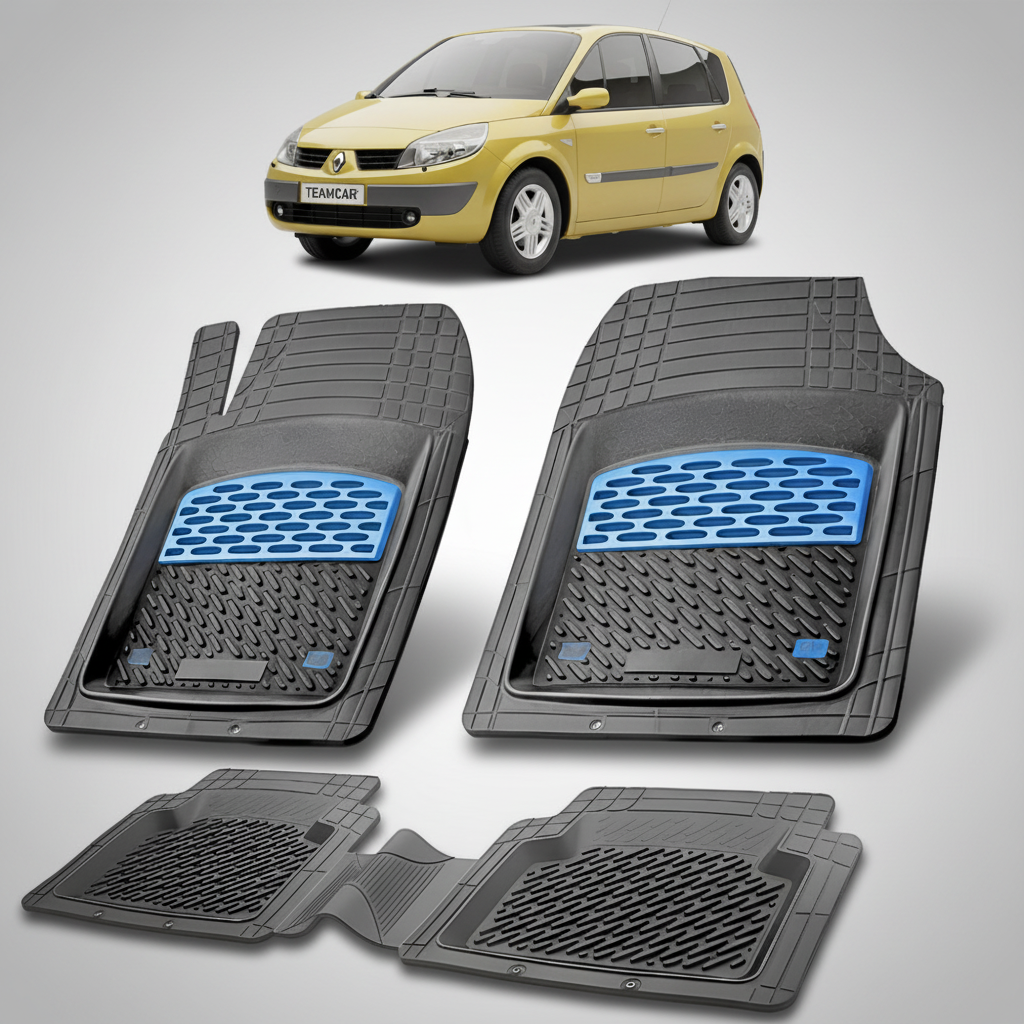 set de covorase din cauciuc negre cu accente albastre cu un renault scénic 2 galben in fundal