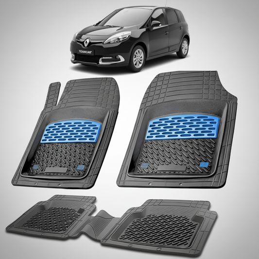 set de covorase din cauciuc negre cu accente albastre cu un renault scenic iii mpv negru in fundal