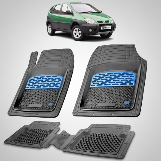 set de covorase din cauciuc negre cu accente albastre cu un renault scenic rx4 suv/mpv verde in fundal