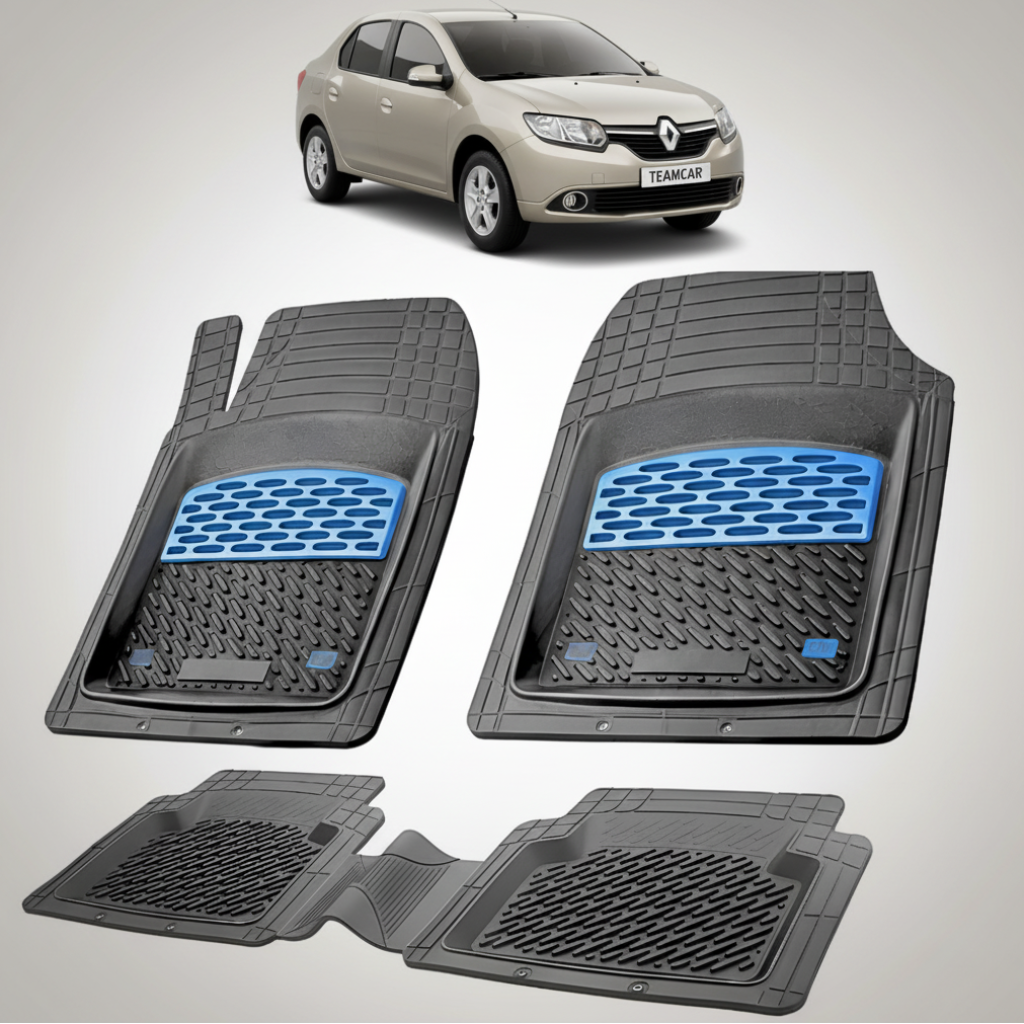 set de covorase din cauciuc negre cu accente albastre cu o renault symbol iii sedan bej in fundal
