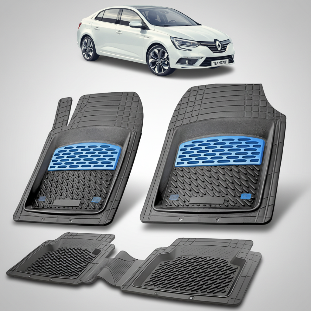 set de covorase din cauciuc negre cu accente albastre cu un renault talisman sedan alb in fundal