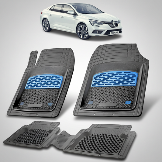 set de covorase din cauciuc negre cu accente albastre cu un renault talisman sedan alb in fundal