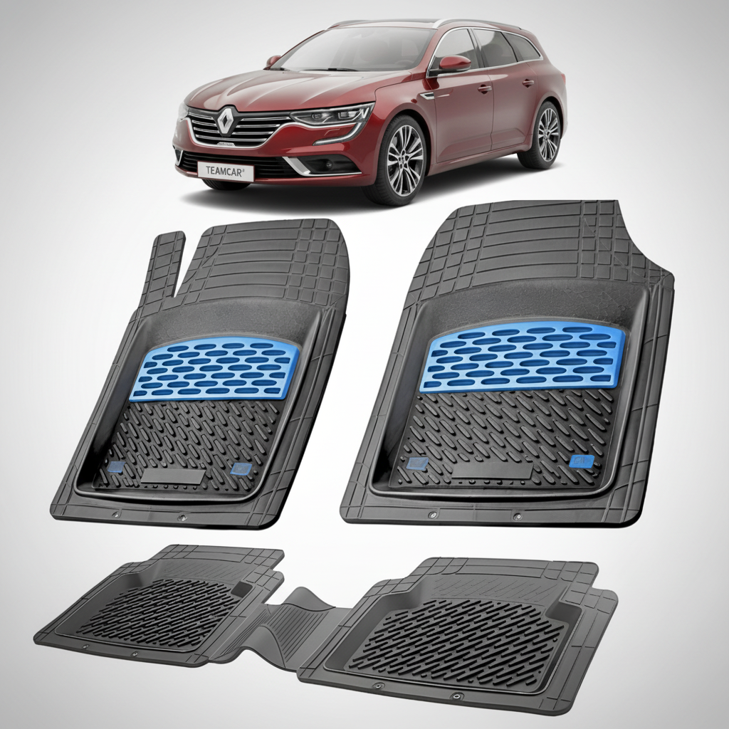 set de covorase din cauciuc negre cu accente albastre cu un renault talisman estate rosu in fundal