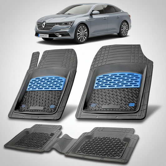 set de covorase din cauciuc negre cu accente albastre cu un renault talisman sedan gri metalic in fundal