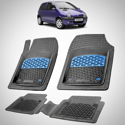 set de covorase din cauciuc negre cu accente albastre cu o renault twingo i 3 hatchback albastra in fundal