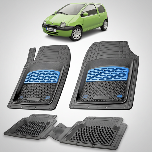 set de covorase din cauciuc negre cu accente albastre cu o renault twingo i 4 hatchback verde in fundal