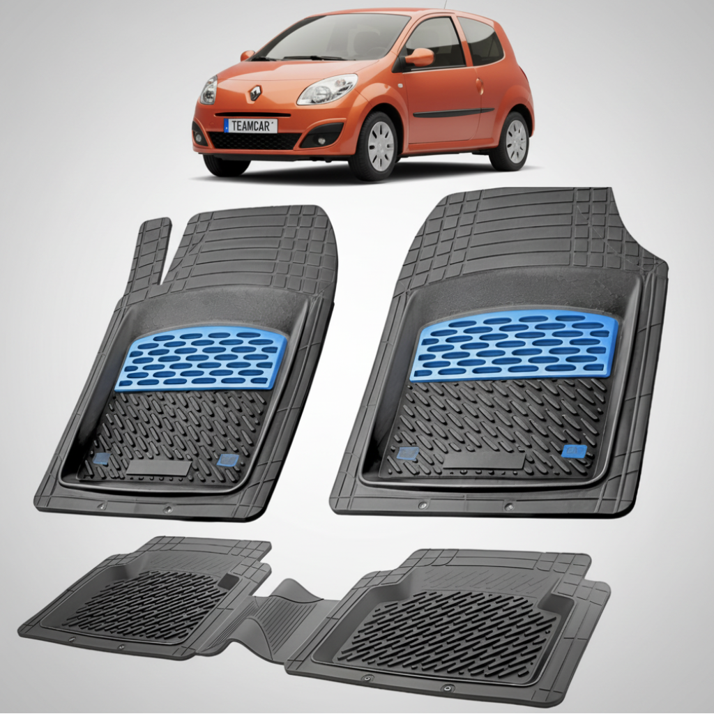 set de covorase din cauciuc negre cu accente albastre cu o renault twingo ii 1 hatchback portocalie in fundal