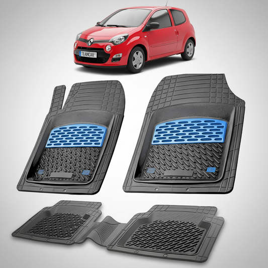 set de covorase din cauciuc negre cu accente albastre cu o renault twingo ii 2 hatchback rosie in fundal