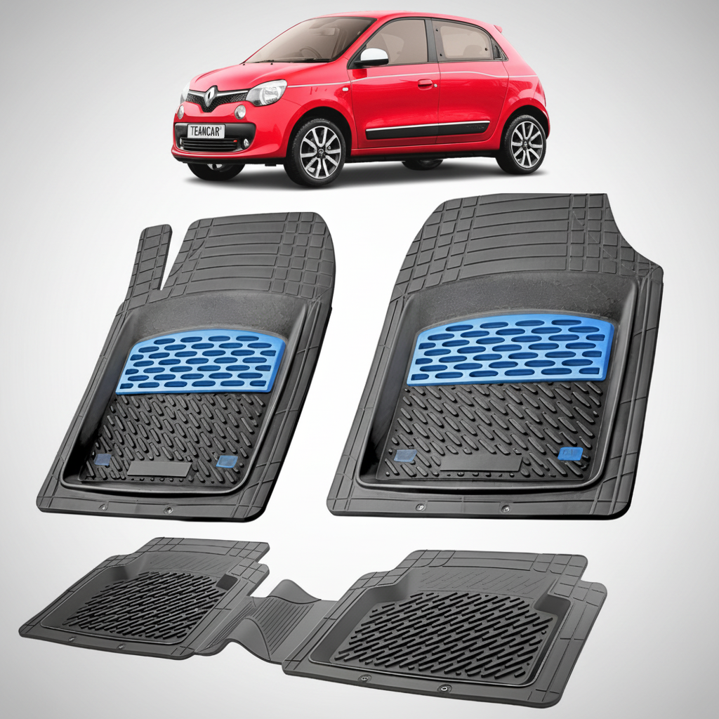 set de covorase din cauciuc negre cu accente albastre cu o renault twingo iii 1 hatchback rosie in fundal