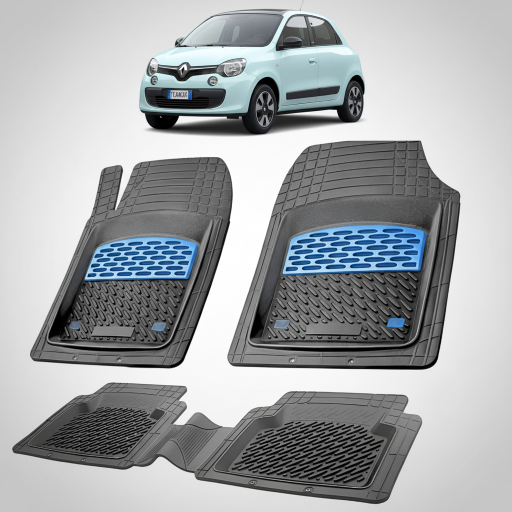 set de covorase din cauciuc negre cu accente albastre cu o renault twingo iii 2 hatchback albastra in fundal
