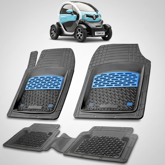 set de covorase din cauciuc negre cu accente albastre cu un renault twizy quadriciclo albastru in fundal