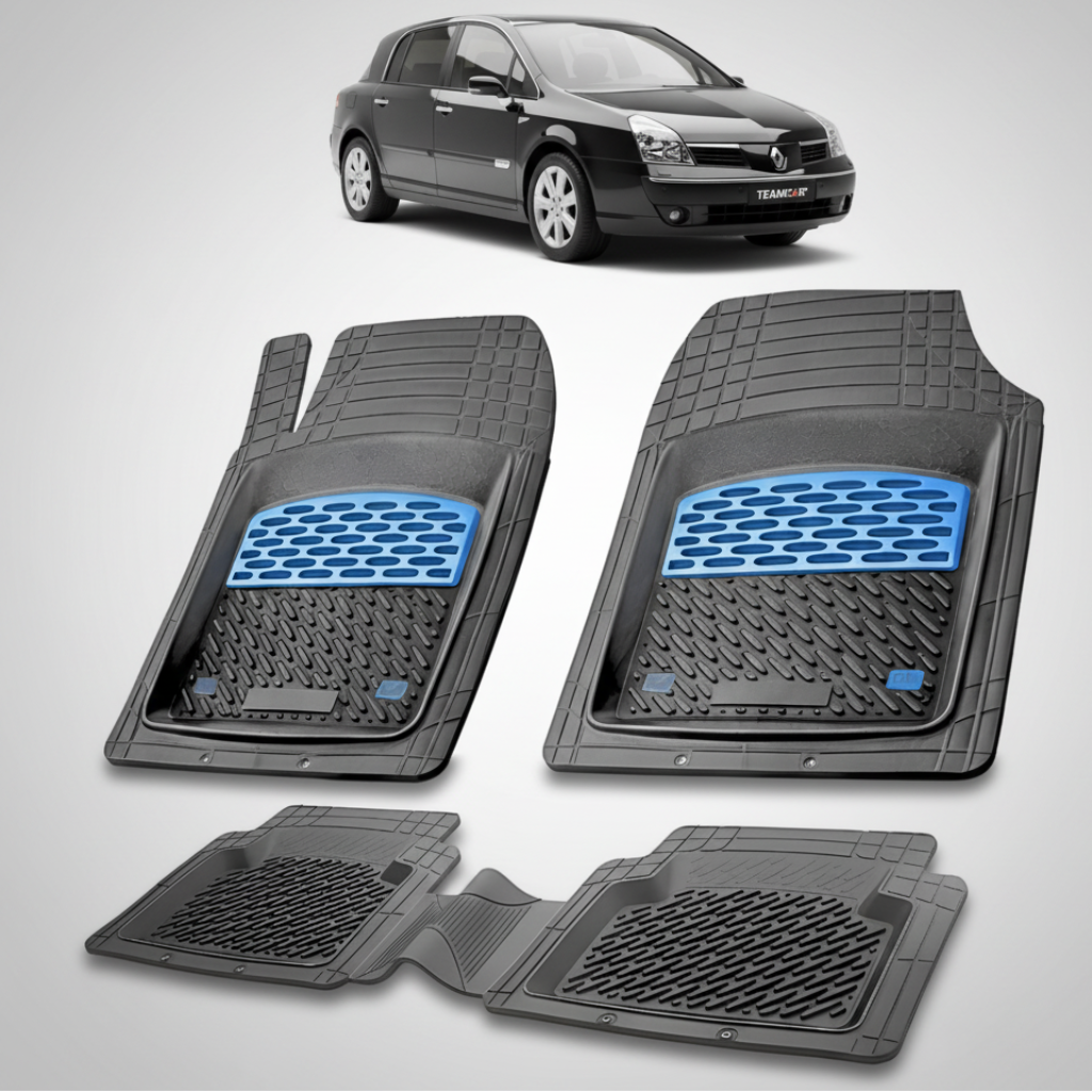 set de covorase din cauciuc negre cu accente albastre cu un renault velsatis hatchback(luxury) negru in fundal