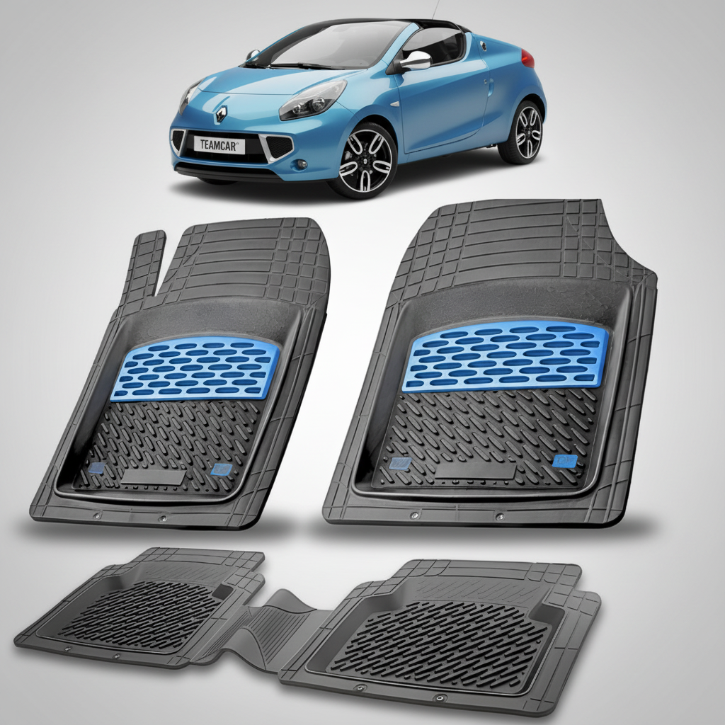 set de covorase din cauciuc negre cu accente albastre cu o renault wind roadster/coupe cabrio albastra in fundal