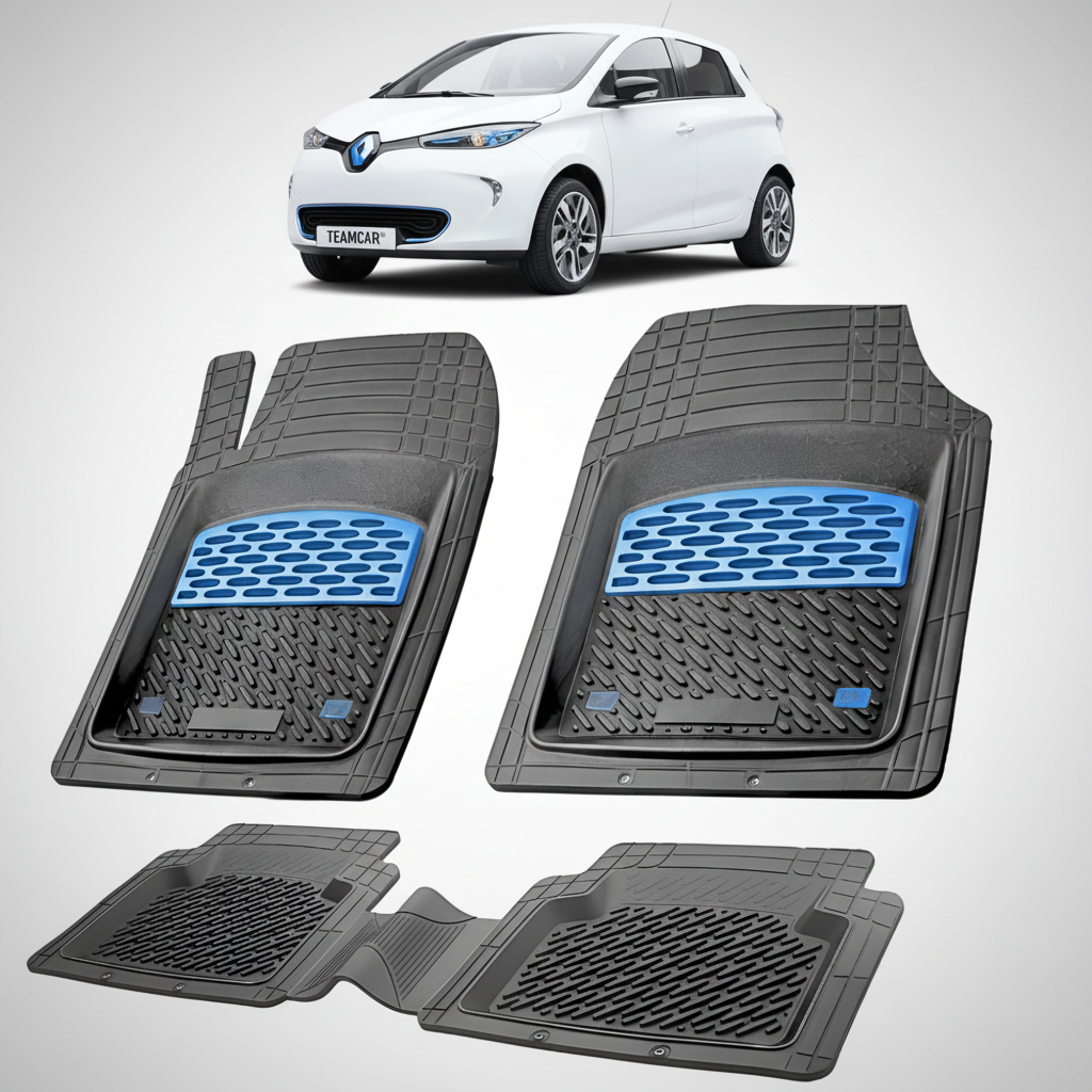set de covorase din cauciuc negre cu accente albastre cu o renault zoe hatchback electric alba in fundal